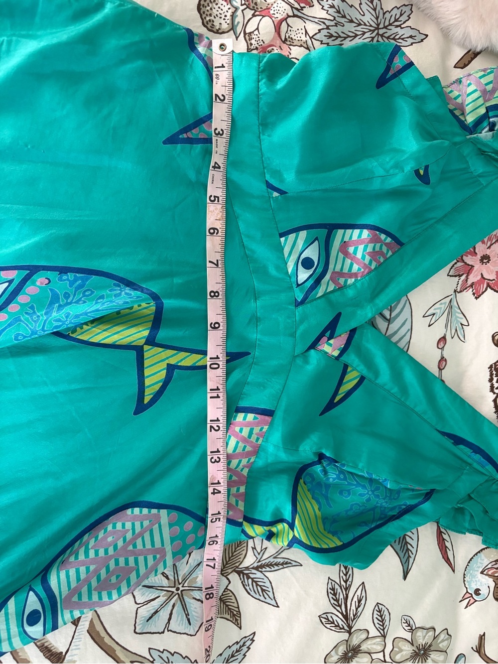 Anthropologie Silk Teal Ruffled V-Neck Fish Print Maxi Dress - Picture 5 of 5